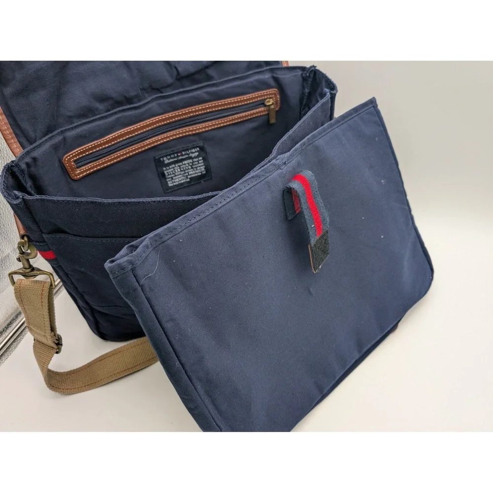 Tommy Hilfiger Navy Blue Canvas Messenger Bag Leather Trim Laptop Sleeve Mens